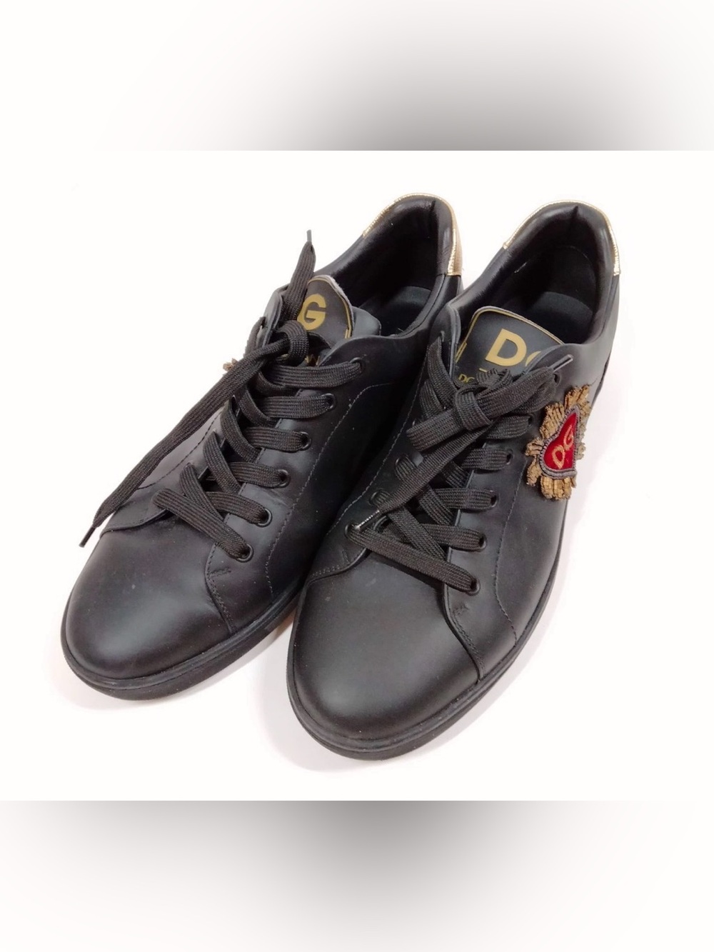 Dolce & Gabbana Black Leather Sneakers with Gold and Red Crest